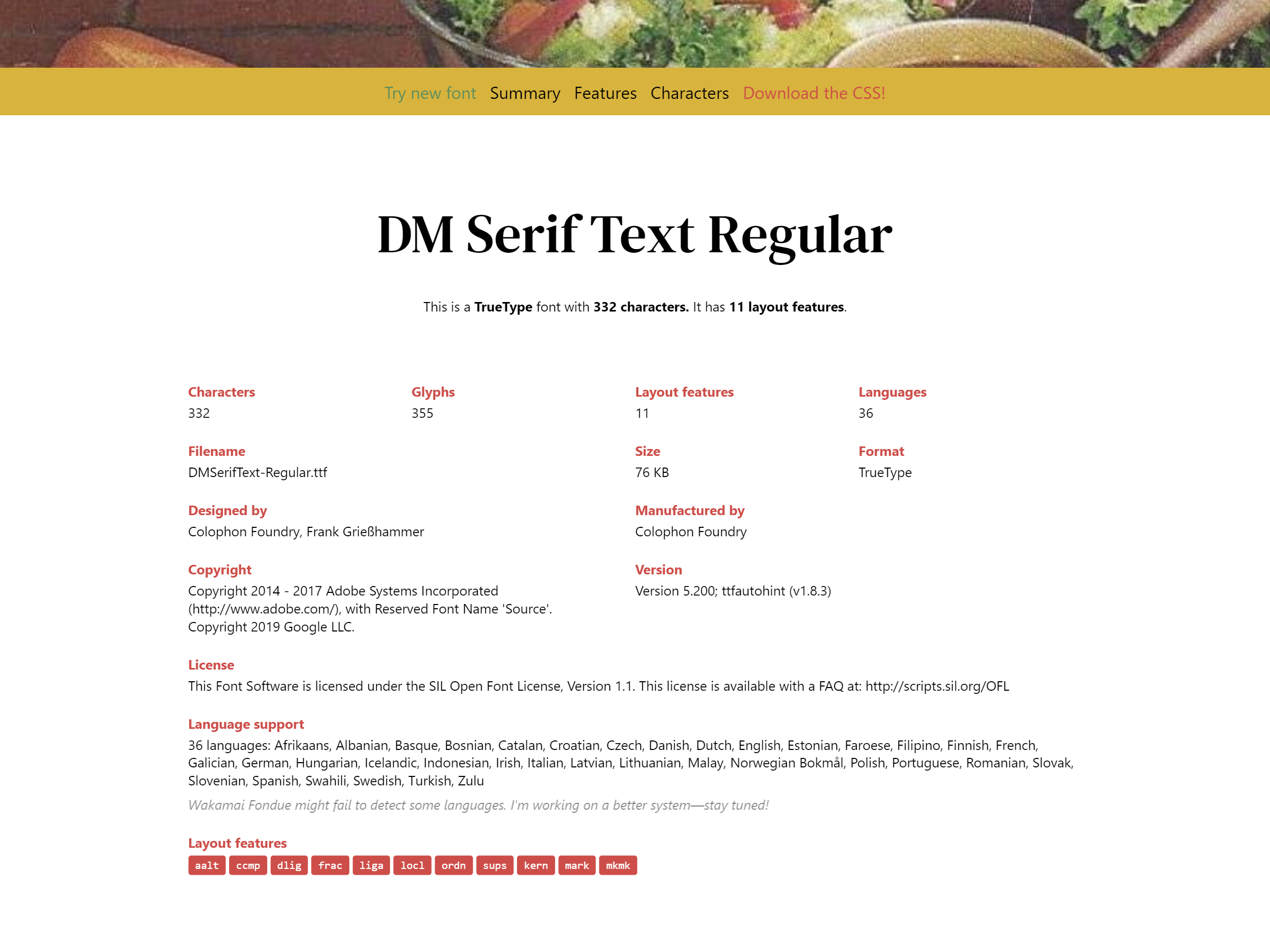 Details of DM Serif Text after uploading the font to Wakamai Fondue