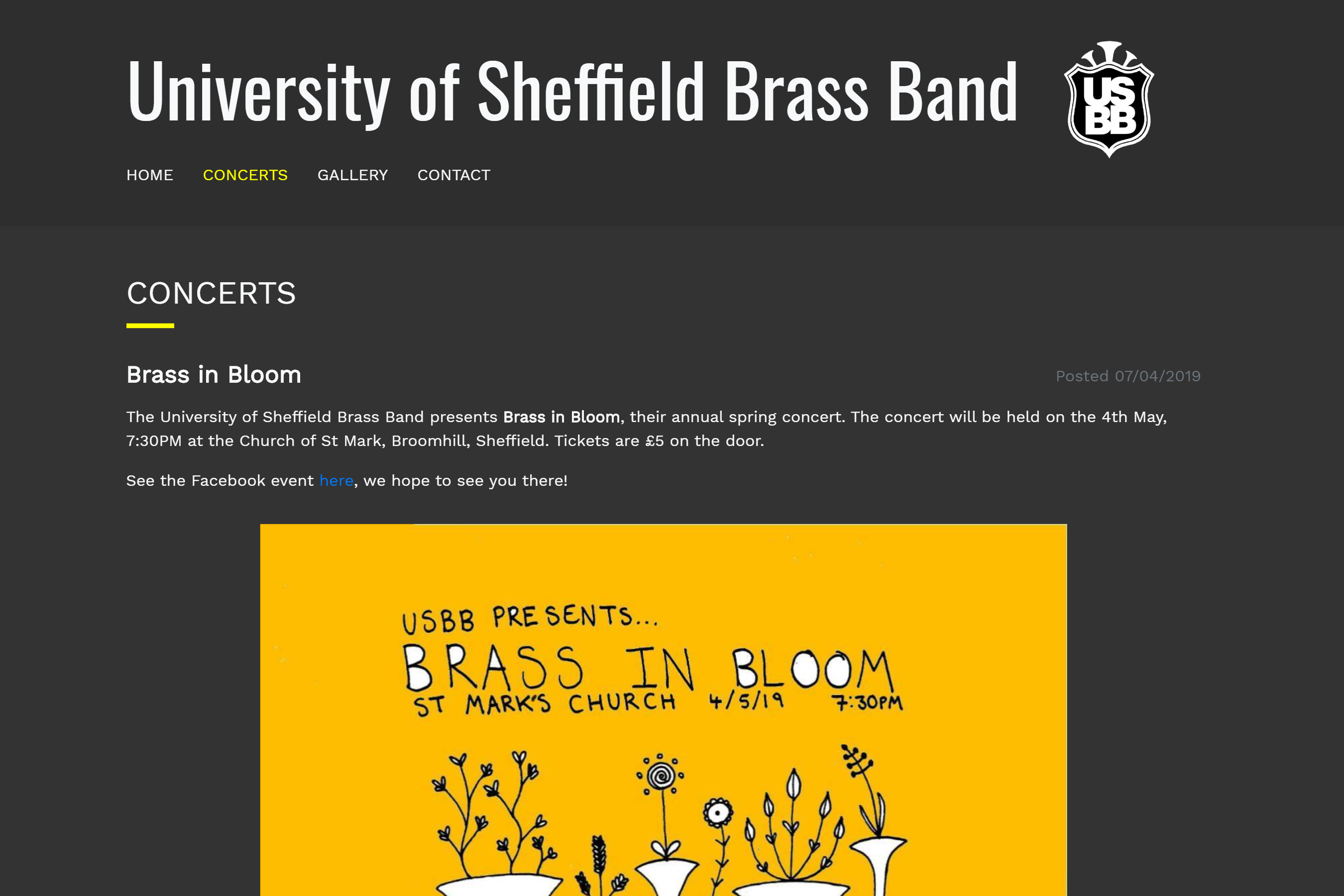 Screenshot of the concerts page of USBB's website